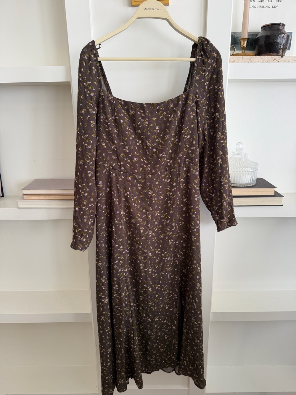 OAK + FORT Brown Floral Long-Sleeve Midi Dress with Yellow Print